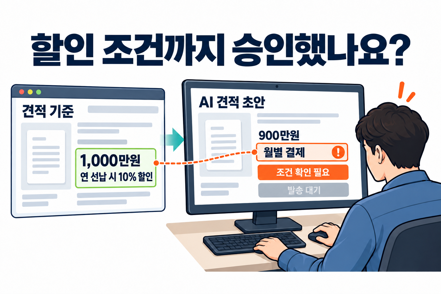영업 담당자가 연 선납 시 10% 할인이라는 기준과 900만원·월별 결제로 작성된 AI 견적을 대조합니다. 발송은 대기 중입니다.