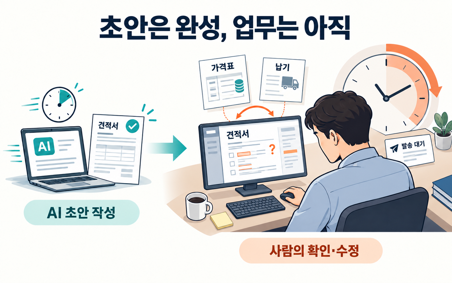 AI가 견적서 초안을 만든 뒤 담당자가 모니터에서 가격표·납기 자료와 대조한다. 마우스로 디지털 문서를 확인하며 발송 대기 상태를 유지하는 가상 일러스트.